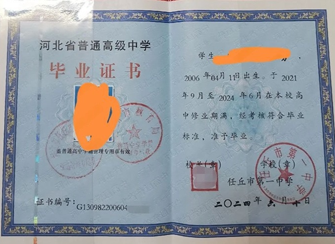 内江任丘市第一中学高中毕业证样本图片