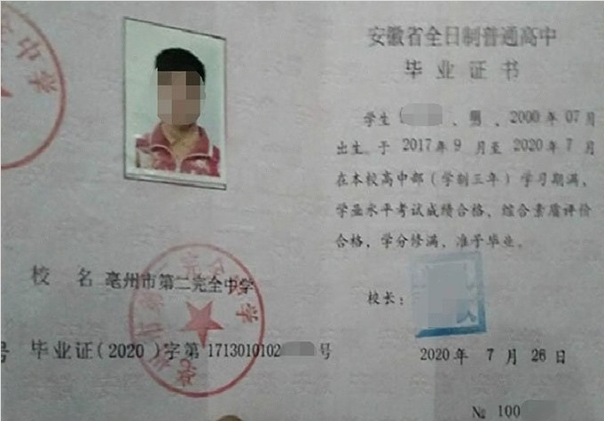 内江亳州市第二完全中学高中毕业证样本